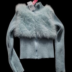 Say What? Light Blue Faux Fur Kids Zip Sweater Ski Luxe